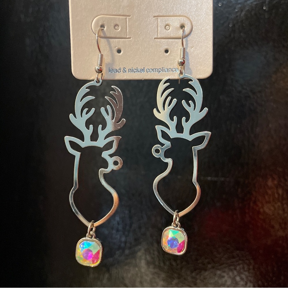 Silver Reindeer Head Dangling Earrings with Aurora Borealis drop